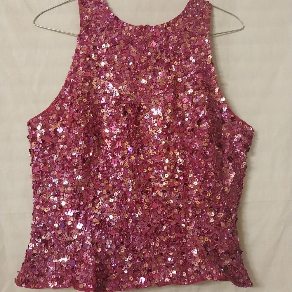 Pink Sequin Sleeveless Top with Back Zipper